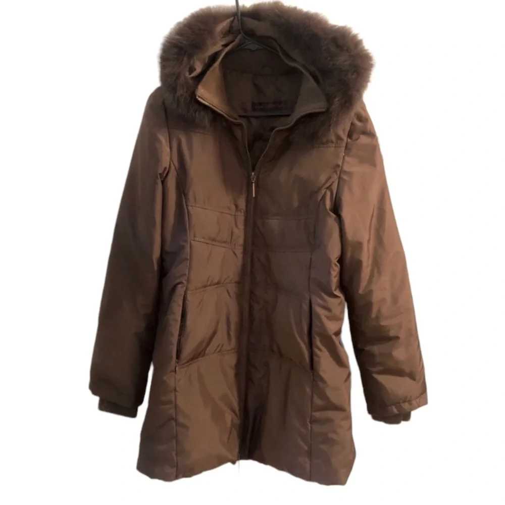 Via Spiga brown puffer jacket removable fox fur hood, Small - Picture 1 of 8